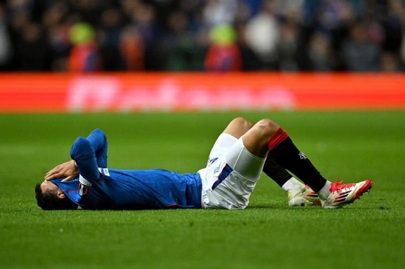 Rangers' Brazilian defender #22 Jefte reacts during the UEFA Europa League second-leg round of 16 football match between Rangers and Fenerbahce SK at the Ibrox Stadium in Glasgow on March 13, 2025.  ANDY BUCHANAN / AFP