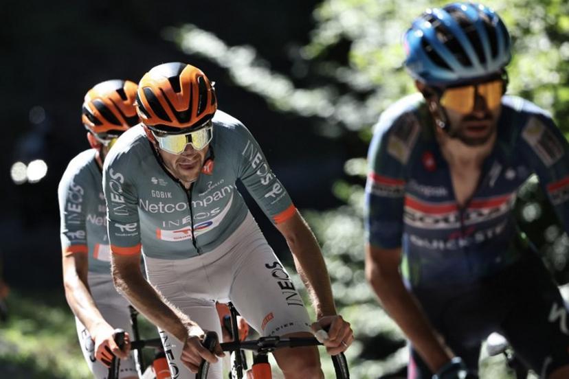 Netcompany Ineos Cycling Team's Belgian rider Laurens De Plus cycles during the 8th and final stage of the Tour Auvergne-Rhone-Alpes cycling race (formerly known as the Criterium du Dauphine), 120,1km between Beaufort and Plateau de Solaison, in the French Alps on June 14, 2026.  Anne-Christine POUJOULAT / AFP