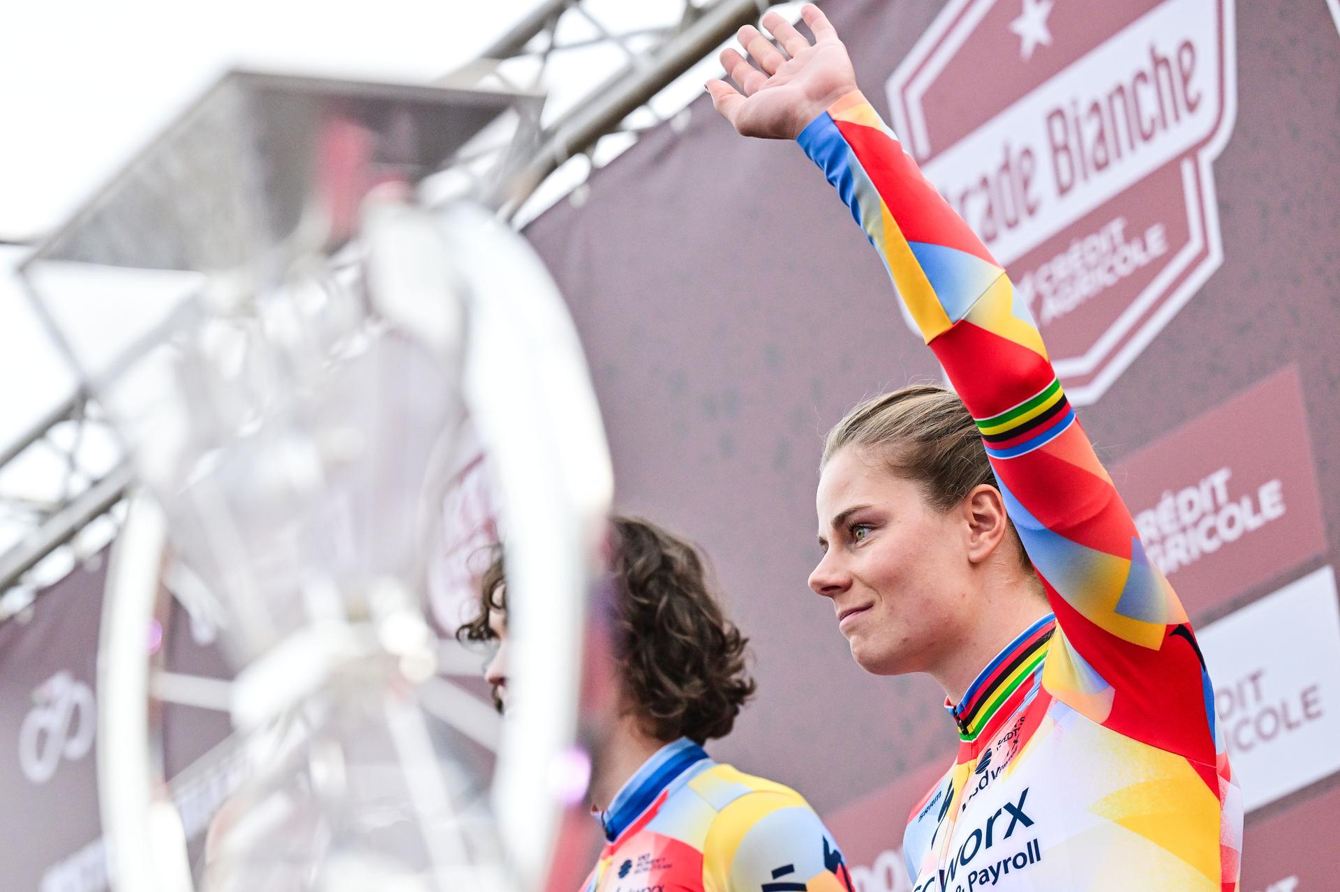 Belgian Lotte Kopecky pictured during the team presentations ahead of the 'Strade Bianche' one day cycling race from and to Siena, Italy, Friday 06 March 2026. BELGA PHOTO DIRK WAEM