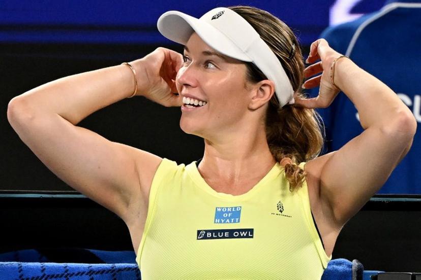 USA's Danielle Collins smiles as she rests between the games against compatriot Madison Keys during their women's singles match on day seven of the Australian Open tennis tournament in Melbourne on January 18, 2025.  WILLIAM WEST / AFP