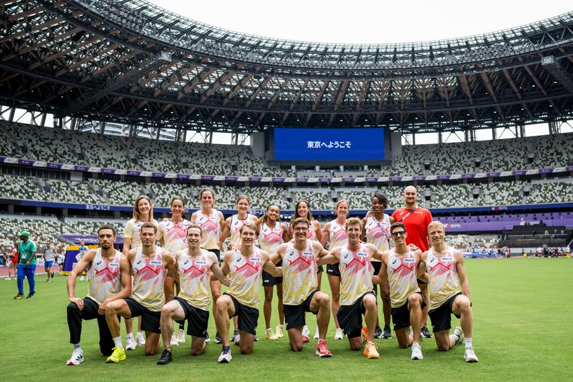 Belgian 4x400m athletes pose for the photographer during a training session at the National Stadium of Tokyo before the World Athletics Championships in Tokyo, Japan, on Friday 12 September 2025. The outdoor Worlds are taking place from 13 to 21 September. BELGA PHOTO JASPER JACOBS
