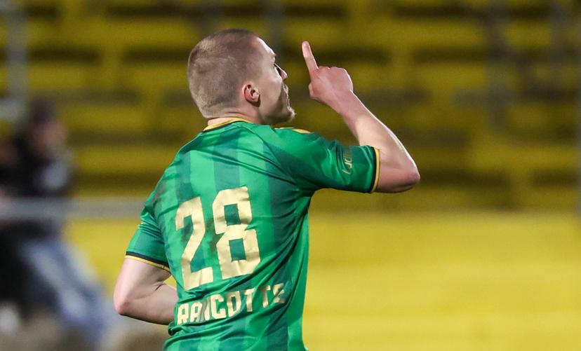 Francs Borains' Mathias Francotte celebrates after scoring during a soccer game between Royal Francs Borains and KSC Lokeren, Thursday 12 March 2026 in Boussu, on day 29 of the 2025-2026 'Challenger Pro League' 1B second division of the Belgian championship. BELGA PHOTO VIRGINIE LEFOUR