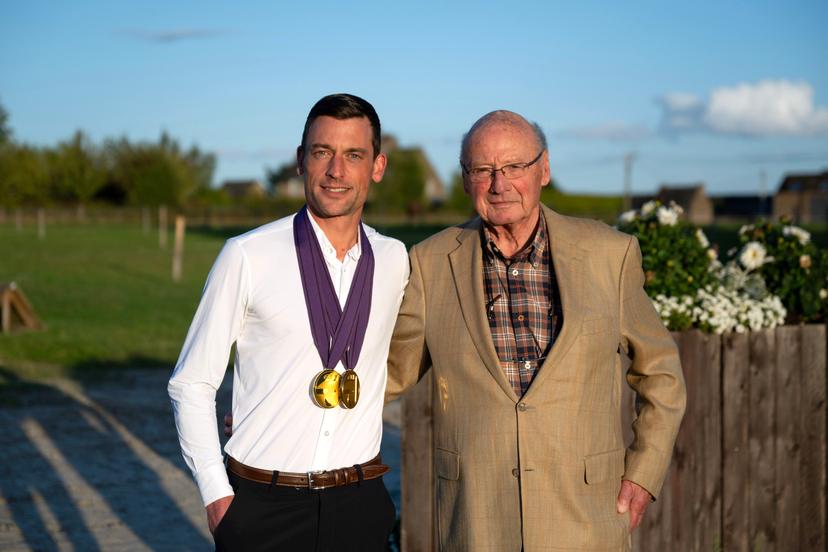 Eugène Mathy, president of LEWB and vice-president of FRBSE, and rider Justin Verboomen pictured during the celebration of double European dressage champion Justin Verboomen in Gesves, on Friday 12 September 2025.  BELGA PHOTO MAXIME ASSELBERGHS