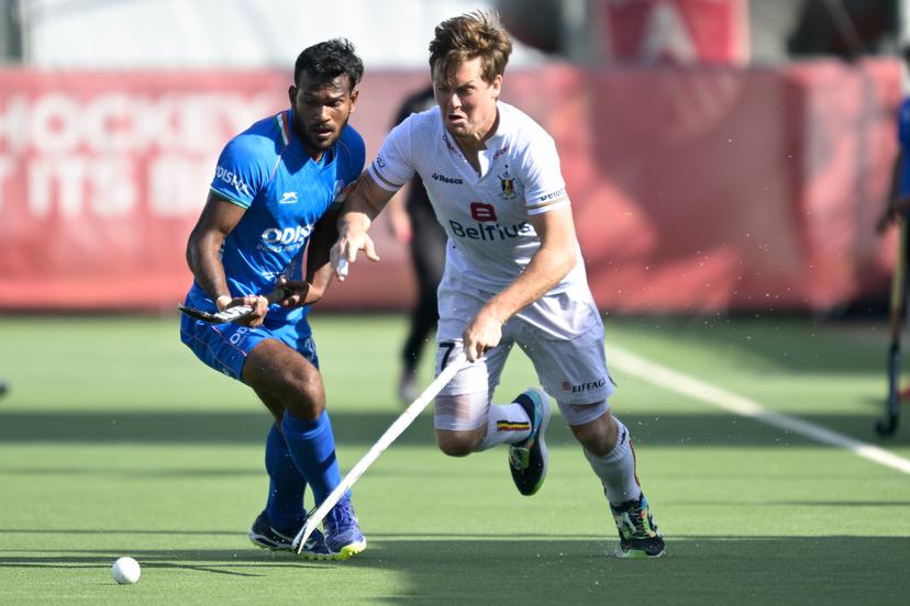 India's Amit Rohidas and Belgium's Tom Boon fight for the ball during a hockey match between the Belgian Red Lions and India in the group stage (game 14 out of 16) of the Men's FIH Pro League competition, Sunday 12 June 2022 in Wilrijk, Antwerp. BELGA PHOTO JOHAN EYCKENS