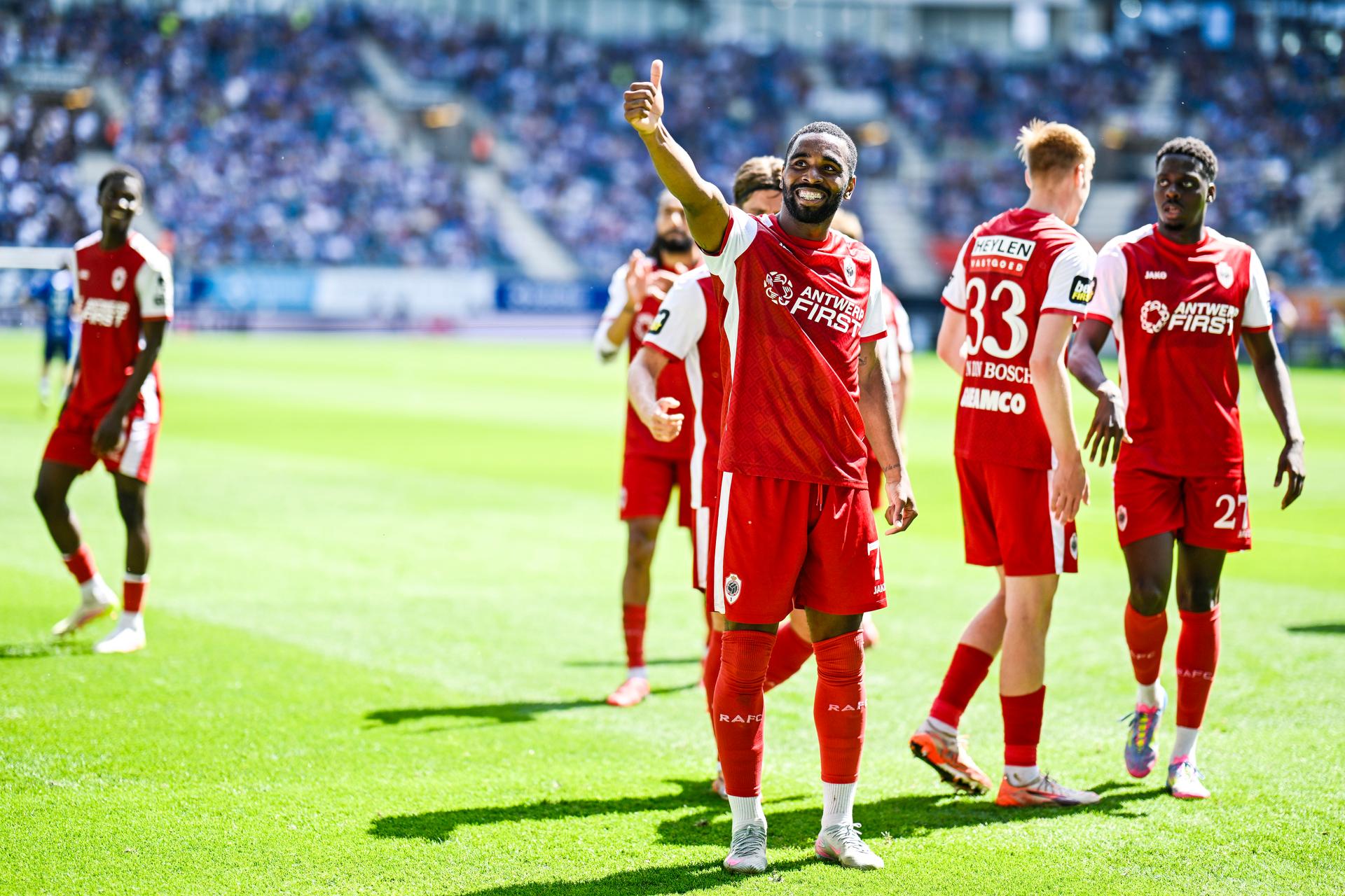 Antwerp's Gyrano Kerk celebrates after scoring during a soccer match between KAA Gent and Royal Antwerp FC, Sunday 11 May 2025 in Gent, on day 8 (out of 10) of the Champions' Play-offs of the 2024-2025 'Jupiler Pro League' first division of the Belgian championship. BELGA PHOTO TOM GOYVAERTS