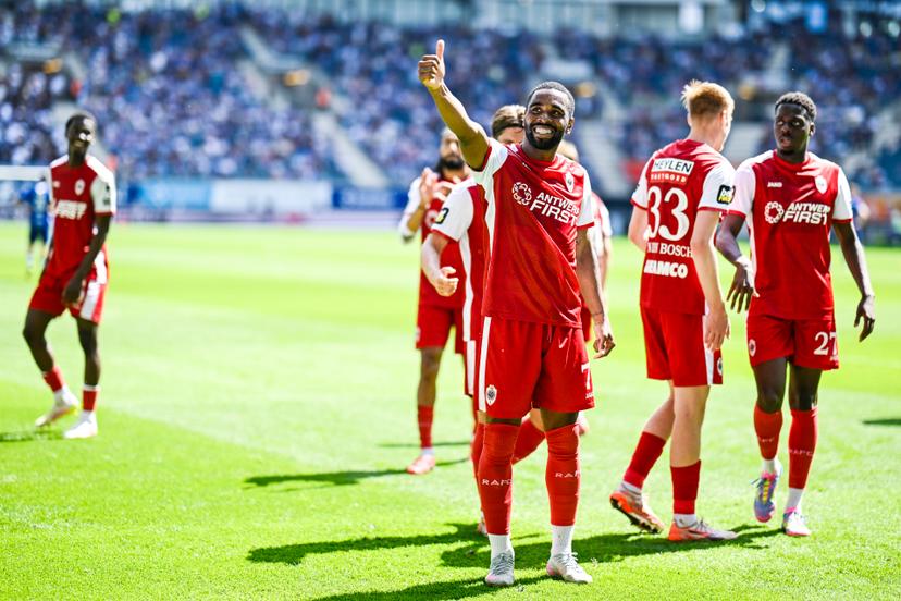 Antwerp's Gyrano Kerk celebrates after scoring during a soccer match between KAA Gent and Royal Antwerp FC, Sunday 11 May 2025 in Gent, on day 8 (out of 10) of the Champions' Play-offs of the 2024-2025 'Jupiler Pro League' first division of the Belgian championship. BELGA PHOTO TOM GOYVAERTS