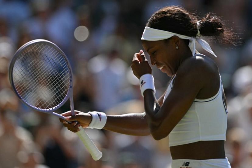 US player Coco Gauff celebrates winning against US player Jessica Pegula during their women's singles quarter-final tennis match on the ninth day of the 2026 Wimbledon Championships at The All England Lawn Tennis and Croquet Club in Wimbledon, southwest London, on July 7, 2026.  Glyn KIRK / AFP