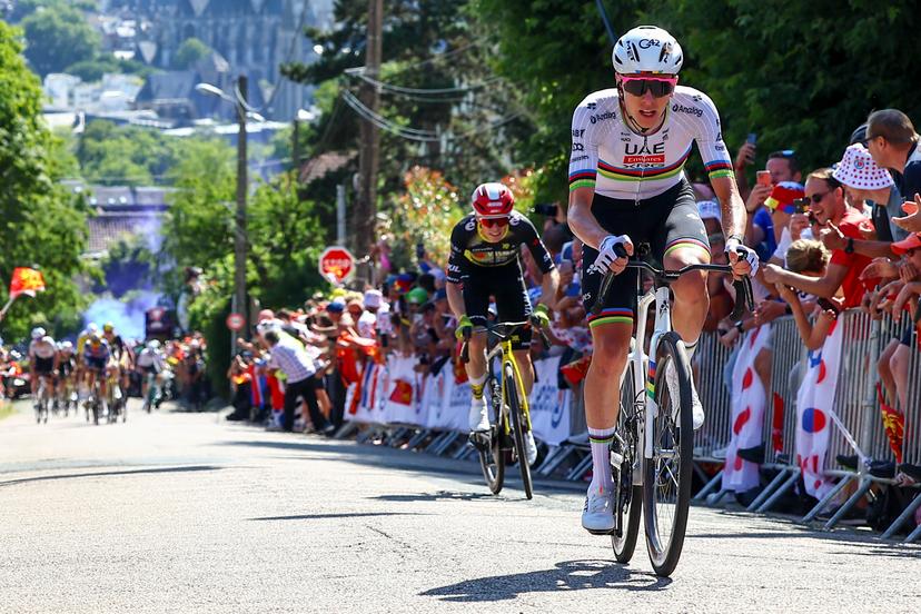 Slovenian Tadej Pogacar of UAE Team Emirates and Danish Jonas Vingegaard Hansen of Team Visma-Lease a Bike pictured in action during the fourth stage of the 2025 Tour de France cycling, Amien Metropole - Rouen (173 km), on Tuesday 08 July 2025 in France. The 112th edition of the Tour de France starts on Saturday 5 July in Lille, France, and will finish in Paris, France on the 27th of July. BELGA PHOTO DAVID PINTENS