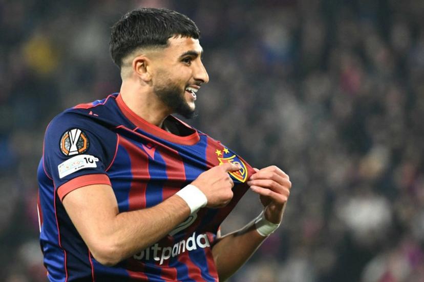 Basel's Moroccan forward #21 Ibrahim Salah celebrates after scoring his team third goal during the UEFA Europa League, league phase day 4, football match between FC Basel and FCS Bucarest at the St. Jakob-Park Stadium, in Basel, on November 6, 2025.  SEBASTIEN BOZON / AFP