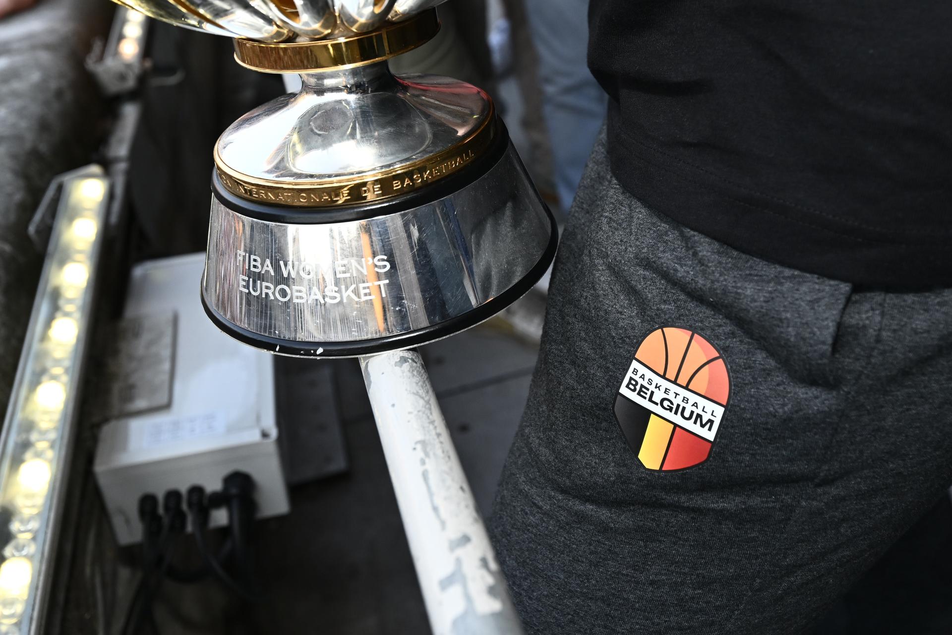A close up on the trophy at the celebrations at the Brussels city hall and Grand Place/ Grote Markt for Belgian national women basket team 'the Belgian Cats', after winning yesterday's European Championship final, Monday 30 June 2025. Yesterday the Cats successfully defended their European title, beating Spain in the final of the FIBA Women's EuroBasket 2025.  BELGA PHOTO ERIC LALMAND