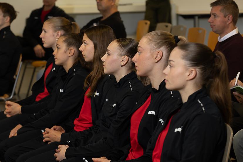 Female team members pictured during a press moment of Belgium's artistic gymnastics team, Wednesday 7 October 2026, in Gent, ahead of the Worlds Championships in Rotterdam from 17 to 25 October 2026. BELGA PHOTO JAMES ARTHUR PHOTOGRAPHY