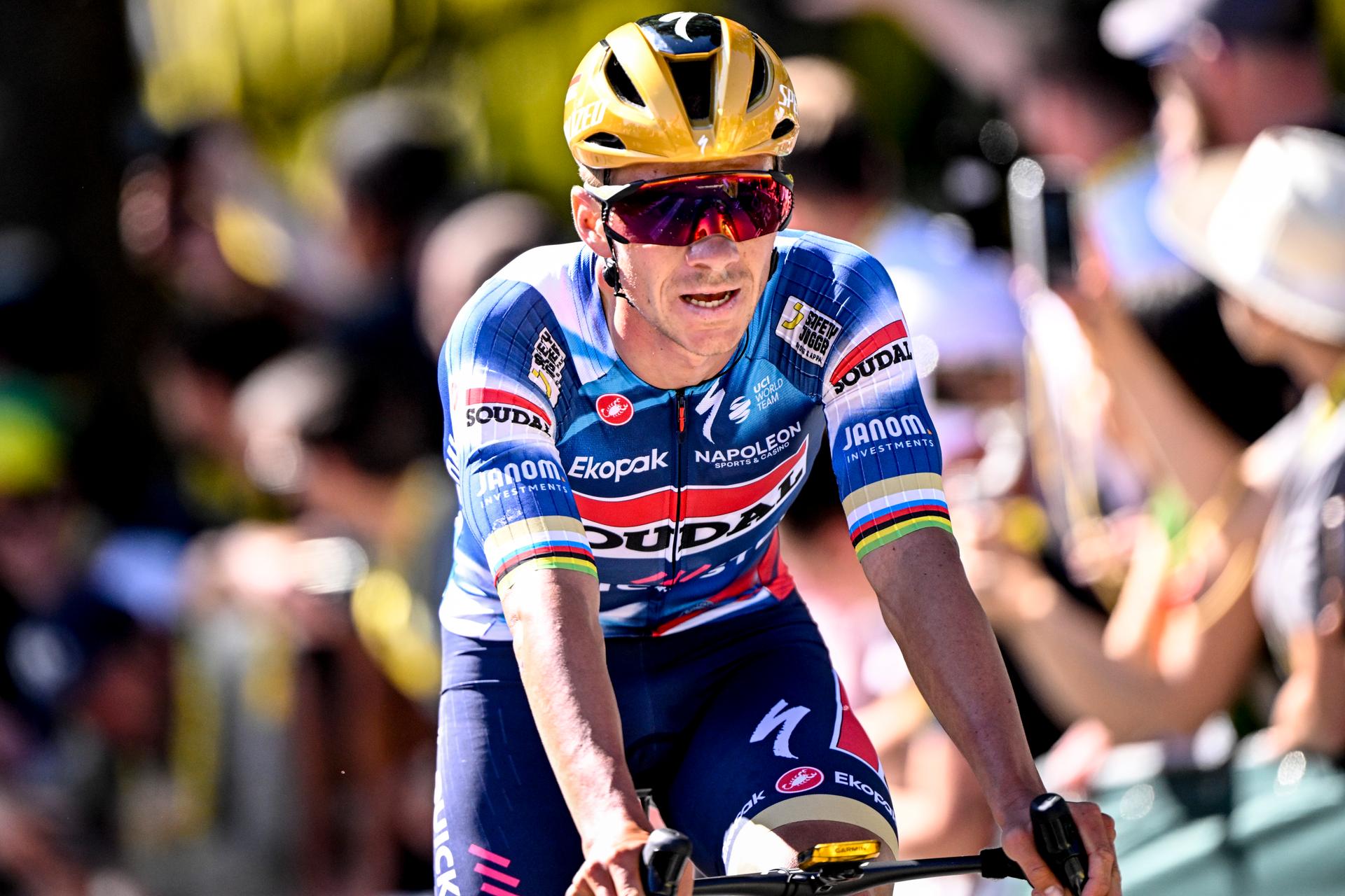 Belgian Remco Evenepoel of Soudal Quick-Step crosses the finish line of the fourth stage of the 2025 Tour de France cycling, Amien Metropole - Rouen (173 km), on Tuesday 08 July 2025 in France. The 112th edition of the Tour de France starts on Saturday 5 July in Lille, France, and will finish in Paris, France on the 27th of July. BELGA PHOTO JASPER JACOBS