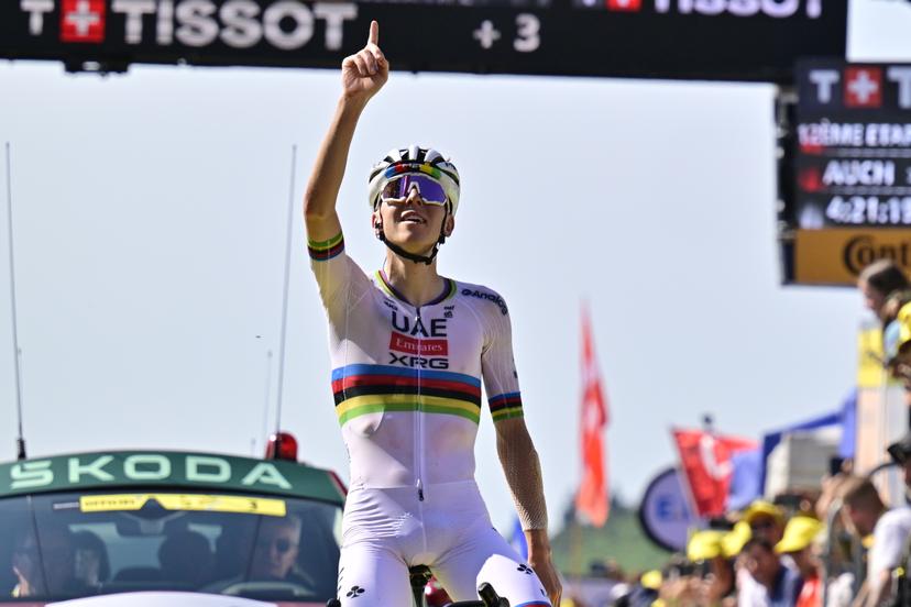 Slovenian Tadej Pogacar of UAE Team Emirates celebrates after winning stage 12 of the 2025 Tour de France cycling, from Auch to Hautacam (181 km), on Thursday 17 July 2025 in France. The 112th edition of the Tour de France starts on Saturday 5 July in Lille, France, and will finish in Paris, France on the 27th of July.   BELGA PHOTO DIRK WAEM