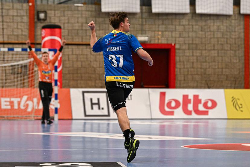 Bocholt's Idis Eussen celebrates during a handball game between Achilles Bocholt and HUBO Handbal, Saturday 04 April 2026, in Hasselt, the men's final of the Belgian handball cup. BELGA PHOTO JILL DELSAUX