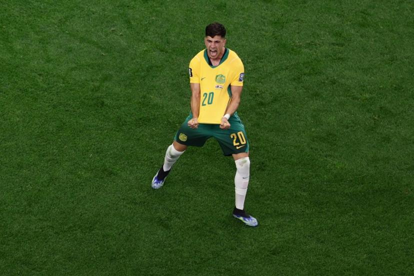 Australia's forward #20 Cristian Volpato celebrates after Egypt scored an own goal  during the 2026 World Cup round of 32 football match between Australia and Egypt at the Dallas Stadium in Arlington on July 3, 2026.   Aric Becker / AFP