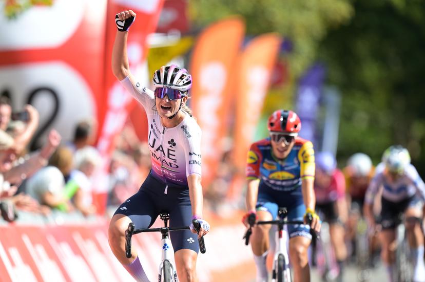 Dutch Karlijn Swinkels of UAE Team ADQ celebrates as she crosses the finish line to win the one day cycling race Grand Prix de Wallonie 2026 (127,5 km), in Namur, on Wednesday 16 September 2026.  BELGA PHOTO DAVID PINTENS