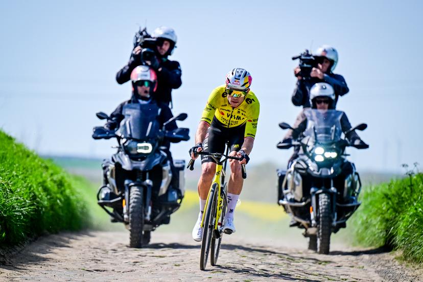 Belgian Wout van Aert of Team Visma-Lease a Bike pictured in action during the reconnaissance of the track ahead of this year's Paris-Roubaix cycling race, Thursday 09 April 2026, around Roubaix, France. The 123rd edition of Paris-Roubaix cycling races will take on Sunday, with the women riding 143,1 km the men riding 258,3 km on Sunday. BELGA PHOTO DIRK WAEM