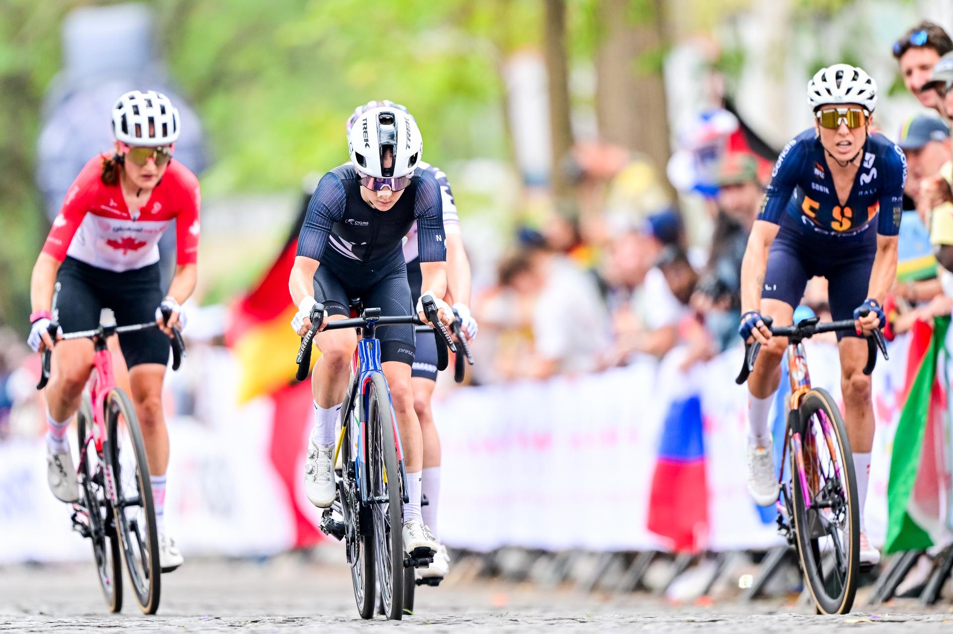 Canada Magdeleine Vallieres Mill, New Zealand Niamh Fisher-Black and Spanish Mavi Garcia pictured in action during the elite women road race (164,6 km) at the cycling road World Championships in Kigali, Rwanda, Saturday 27 September 2025. The 2025 UCI Road World Championships take place from 21 to 28 September in Kigali, Rwanda. BELGA PHOTO DIRK WAEM