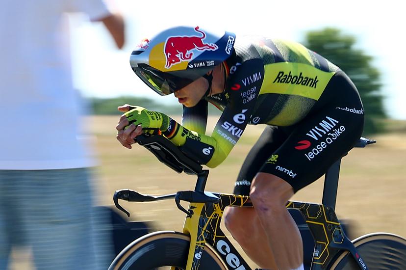 Belgian Wout van Aert of Team Visma-Lease a Bike pictured in action during stage five of the 2025 Tour de France cycling, a 33km time trial in Caen, France on Wednesday 09 July 2025. The 112th edition of the Tour de France starts on Saturday 5 July in Lille, France, and will finish in Paris, France on the 27th of July. BELGA PHOTO DAVID PINTENS