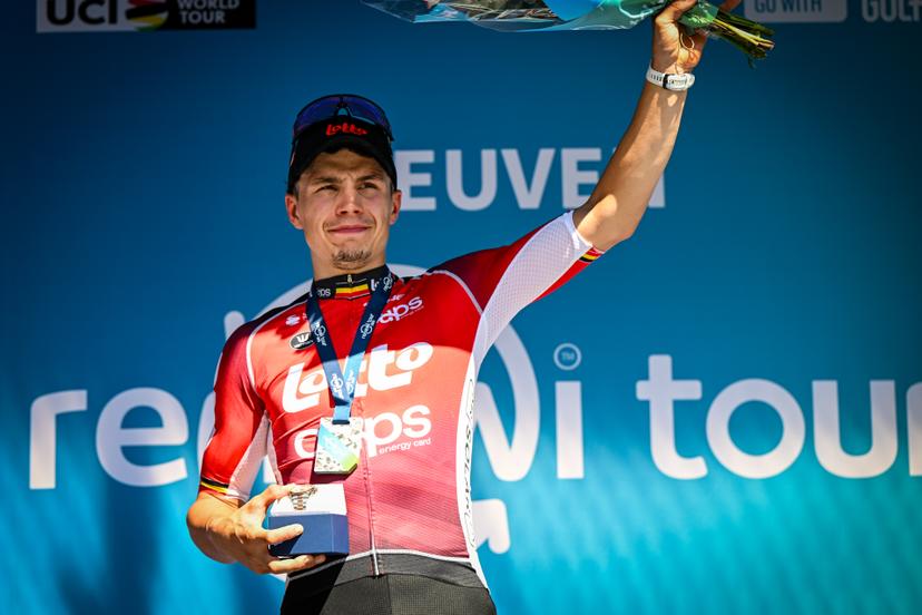 Belgian Arnaud De Lie of Lotto Cycling Team pictured on the podium after the fifth and last stage of the 'Renewi Tour' multi-stage cycling race, 185km from and to Leuven on Sunday 24 August 2025. The five-day race takes place in Belgium and the Netherlands. BELGA PHOTO DAVID PINTENS