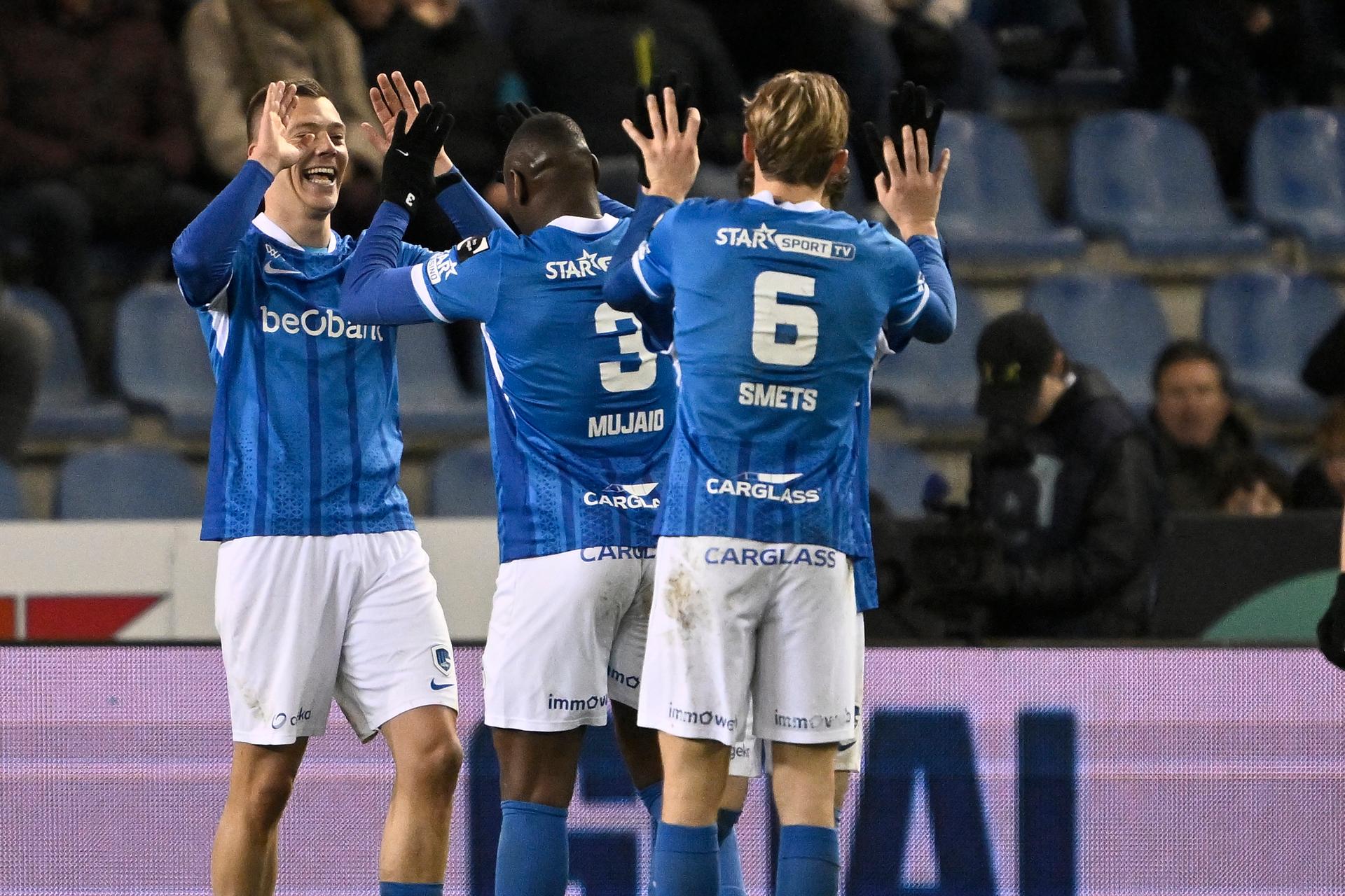 Genk's Daan Heymans and Genk's Mujaid Sadick celebrate after scoring during a soccer match between KRC Genk and Oud-Heverlee Leuven, Sunday 30 November 2025 in Genk, a game of day 16 of the 2025-2026 'Jupiler Pro League' first division of the Belgian championship. BELGA PHOTO JOHAN EYCKENS