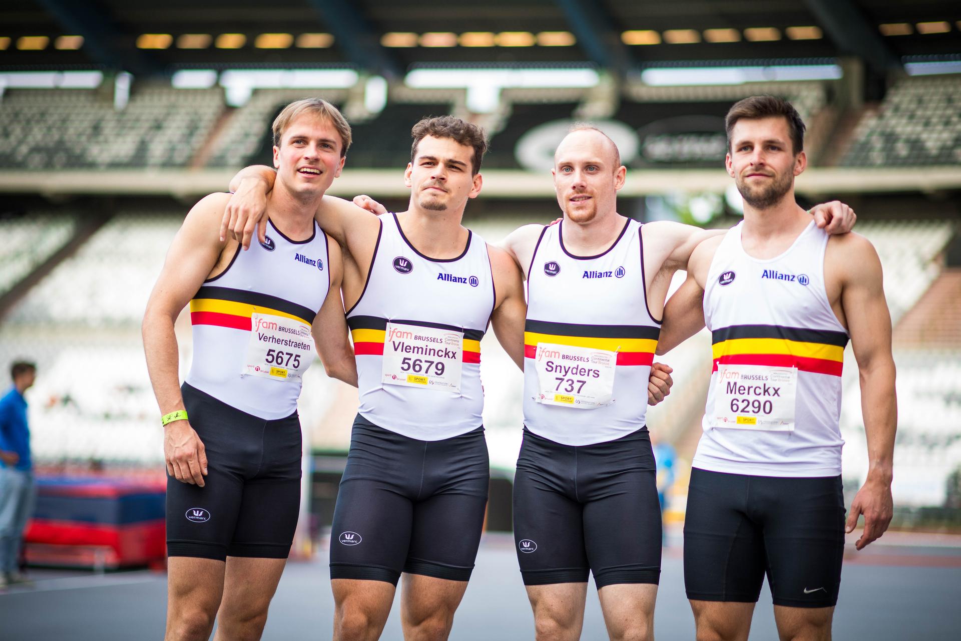 Belgian Simon Verherstraeten, Belgian Kobe Vleminckx, Belgian Camille Snyders and Belgian Ward Merckx of the Belgian Falcons pictured at the IFAM Outdoor (World Athletics Continental Tour, Bronze Meeting, Saturday 25 May 2024, in Brussels. BELGA PHOTO LUCIEN LAMBOTTE