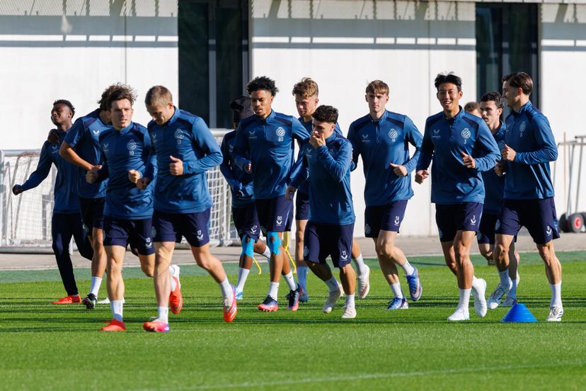 Club's players pictured in action during a training session of Belgian soccer team Club Brugge KV, Monday 12 October 2026 in Knokke-Heist. Club is preparing for the  the UEFA Champions League league phase game against Italian Inter Milan. BELGA PHOTO KURT DESPLENTER