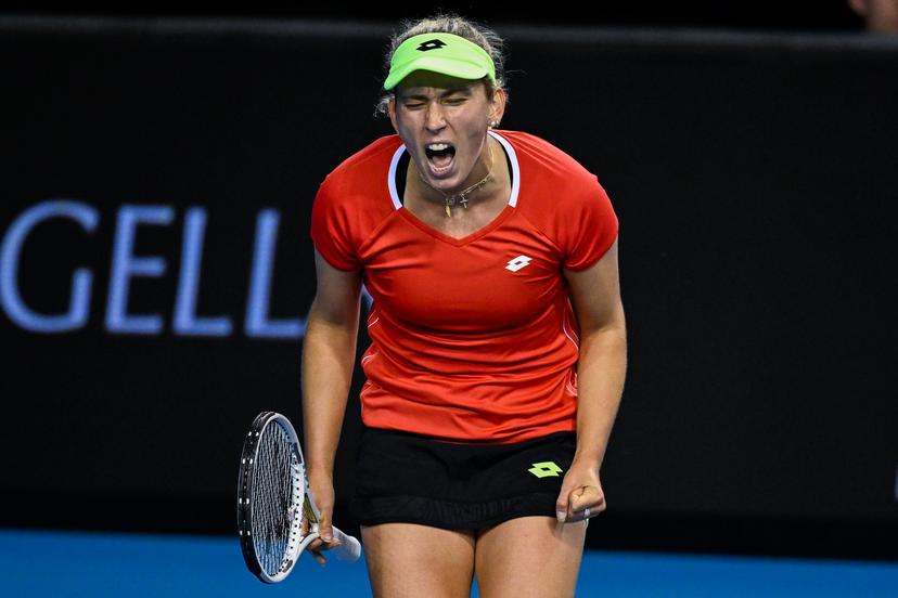 Belgian Elise Mertens reacts during a tennis match against Australian Tomljanovic, match two of the tie between Belgium and Australia in the group stage of the Billie Jean King Cup Finals tennis in Glasgow, Scotland on Thursday 10 November 2022. The women's international team competition takes place from November 8 until November 13, 2022. BELGA PHOTO LAURIE DIEFFEMBACQ