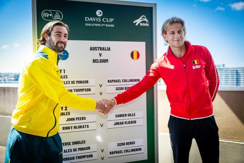 Australian Jordan Thompson and Belgian Zizou Bergs pictured duringa the draw ahead of the Davis Cup qualifier between Australia and Belgium, Friday 12 September 2025, in Ken Rosewall Arena, Sydney, Australia. BELGA PHOTO PATRICK HAMILTON