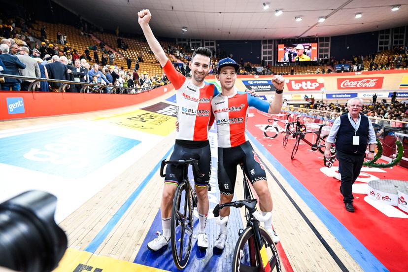 French Benjamin Thomas and Belgian Fabio Van Den Bossche celebrate after winning the sixth and last day of the Zesdaagse Vlaanderen-Gent six-day indoor track cycling event at the indoor cycling arena 't Kuipke, Sunday 17 November 2024, in Gent. BELGA PHOTO TOM GOYVAERTS