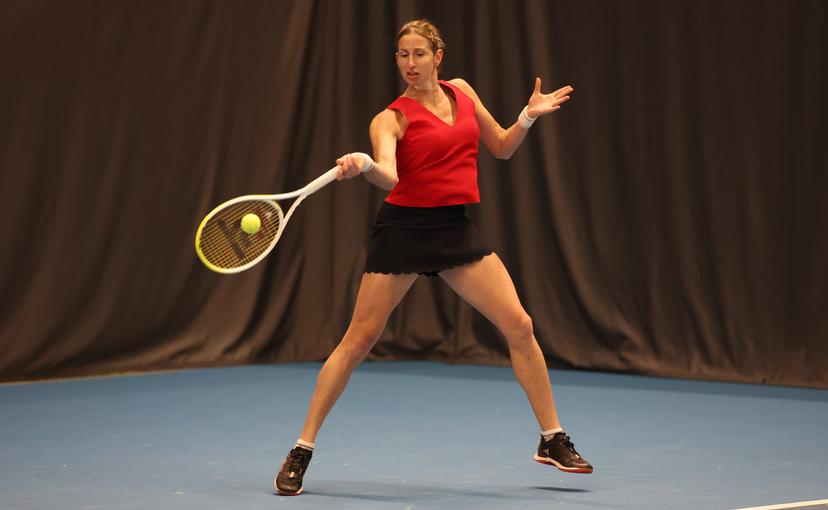 Belgian Magali Kempen pictured in action during a double tennis match between Belgians Belgian Costoulas/Kempen and Greeks Christofi/Pavlou, in the qualifiers of the Billie Jean King Cup tennis, in Vilnius, Lithuania on Tuesday 08 April 2025. PHOTO VIRGINIE LEFOUR