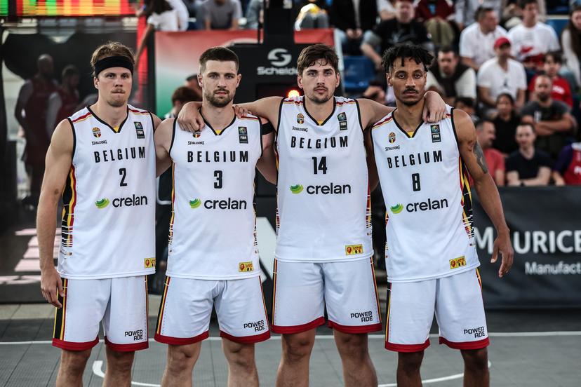 Belgian Thibaut Vervoort, Belgian Bryan De Valck, Belgian Jonas Foerts, Belgian Dennis Donkor and line up a third game in the group stage between Belgium and Poland in the group D at the Olympic qualification tournament for the 2024 Olympics, in Debrecen, Hungary, Saturday 18 May 2024. BELGA PHOTO NIKOLA KRSTIC