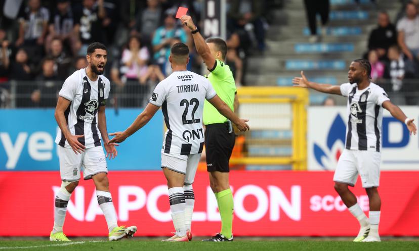 Charleroi's Aiham Ousou receives a red card from the referee during a soccer match between Sporting Charleroi and Zulte Waregem, Saturday 20 September 2025 in Charleroi, on day 8 of the 2025-2026 'Jupiler Pro League' first division of the Belgian championship. BELGA PHOTO VIRGINIE LEFOUR