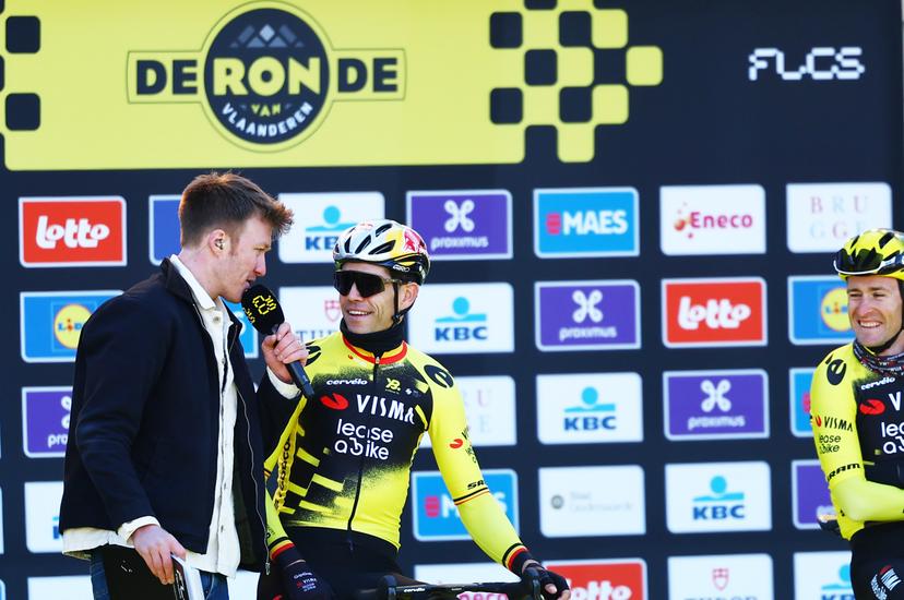 Belgian Wout van Aert of Team Visma-Lease a Bike pictured at the start of the men's race of the 'Ronde van Vlaanderen/ Tour des Flandres/ Tour of Flanders' one day cycling race, 268,9km from Brugge to Oudenaarde, Sunday 06 April 2025. BELGA PHOTO DAVID PINTENS