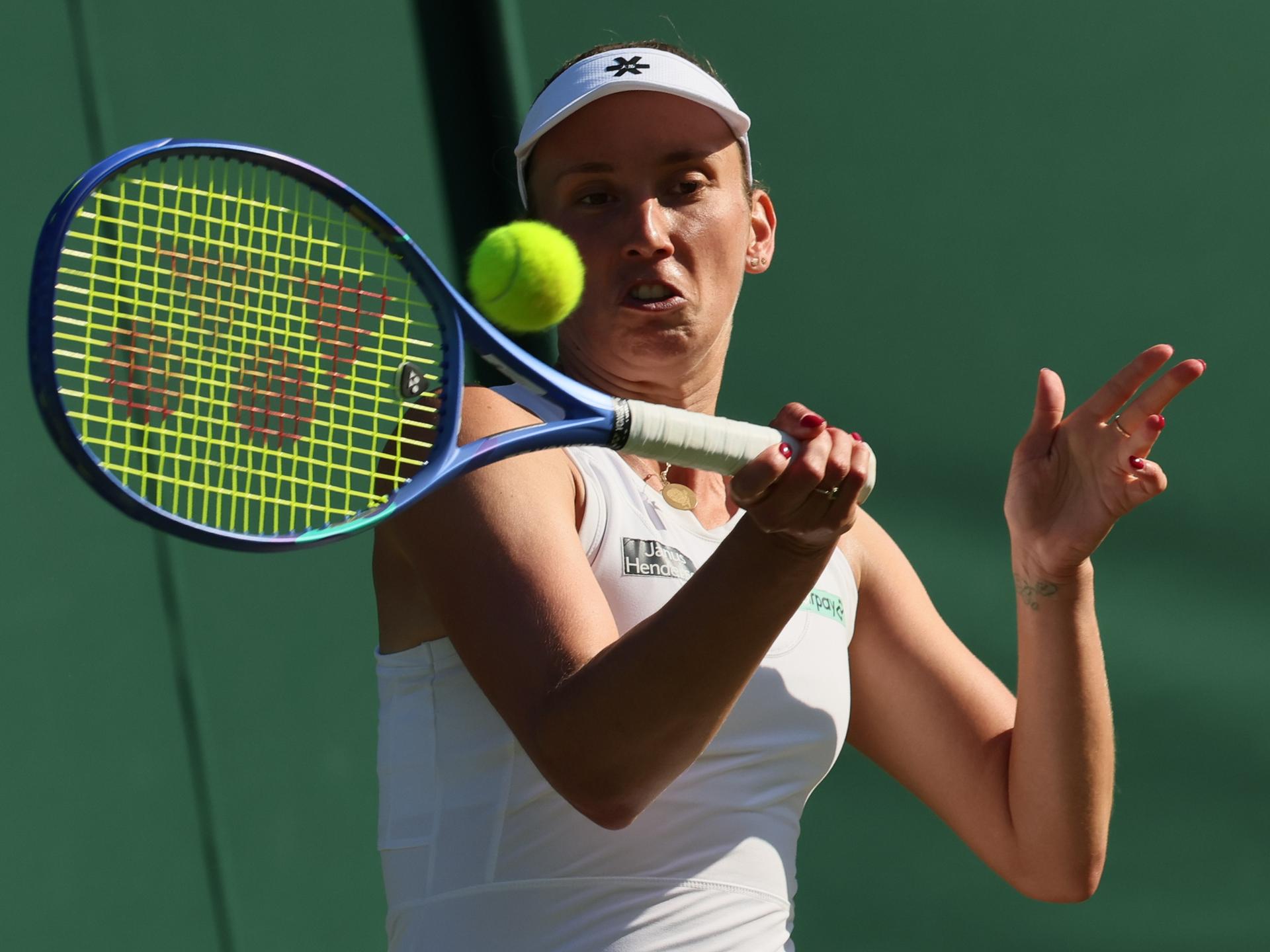 Belgian Elise Mertens pictured in action during a tennis match against American Li, in the second round of the women's singles at the 2025 Wimbledon grand slam tournament, Wednesday 02 July 2025 at the All England Tennis Club, in South-West London, Britain. BELGA PHOTO BENOIT DOPPAGNE