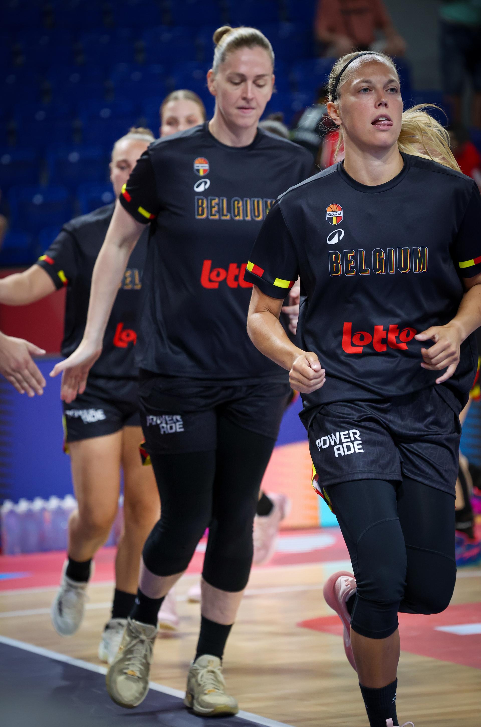 Belgium's Emma Meesseman and Belgium's Julie Allemand pictured in action during the warming-up for the second game in the group stage (group C) between Montenegro and Belgian national women team 'the Belgian Cats', in Brno, Czech Republlic, on Friday 20 June 2025, at the FIBA Women's EuroBasket 2025. BELGA PHOTO VIRGINIE LEFOUR