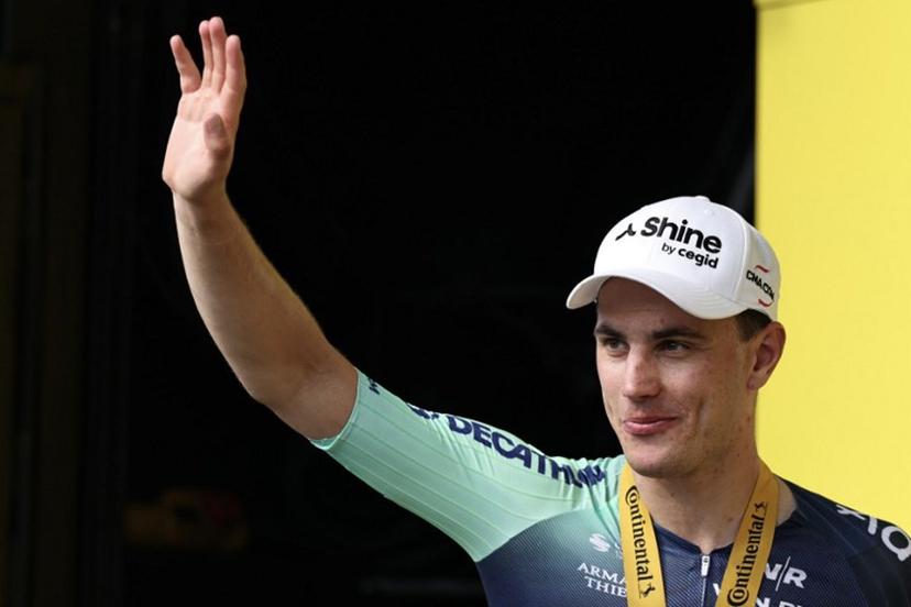 Decathlon CMA CGM Team's Dutch rider Olav Kooij celebrates on the podium after winning the 5th stage of the 113th edition of the Tour de France cycling race, 158 km between Lannemezan and Pau in southwestern France, on July 8, 2026.  Anne-Christine POUJOULAT / AFP