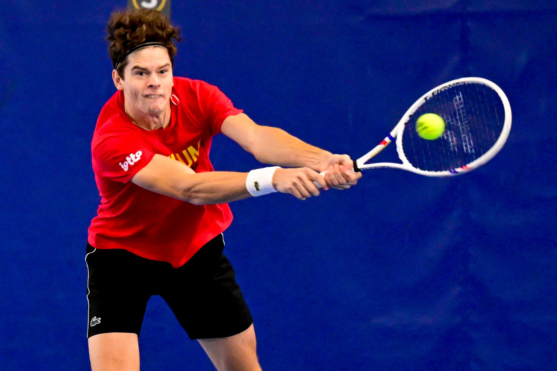 Belgian Alexander Blockx pictured in action during an open training session of the Belgian Davis Cup team ahead of the Davis Cup Finals (November 18-23), in Wilrijk, on Wednesday 12 November 2025. BELGA PHOTO DIRK WAEM