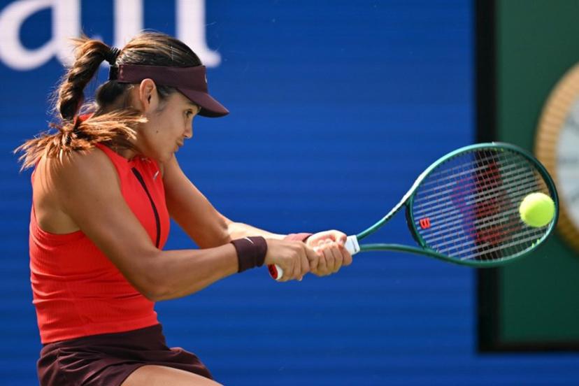 Britain's Emma Raducanu plays a return to Kazakhstan's Elena Rybakina during their women's singles third round tennis match on day six of the US Open tennis tournament at the USTA Billie Jean King National Tennis Center in New York City, on August 29, 2025.  ANGELA WEISS / AFP