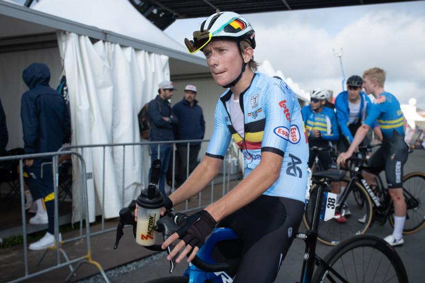 Belgian Niels Driesen pictured after the Junior Men's Road Race, 111km around and on the Col du VAM, on day 4 of the UEC Road European Championships in Wijster, The Netherlands, Saturday 23 September 2023. The European cycling championships takes place from 20 to 24 september. BELGA PHOTO DAVID PINTENS