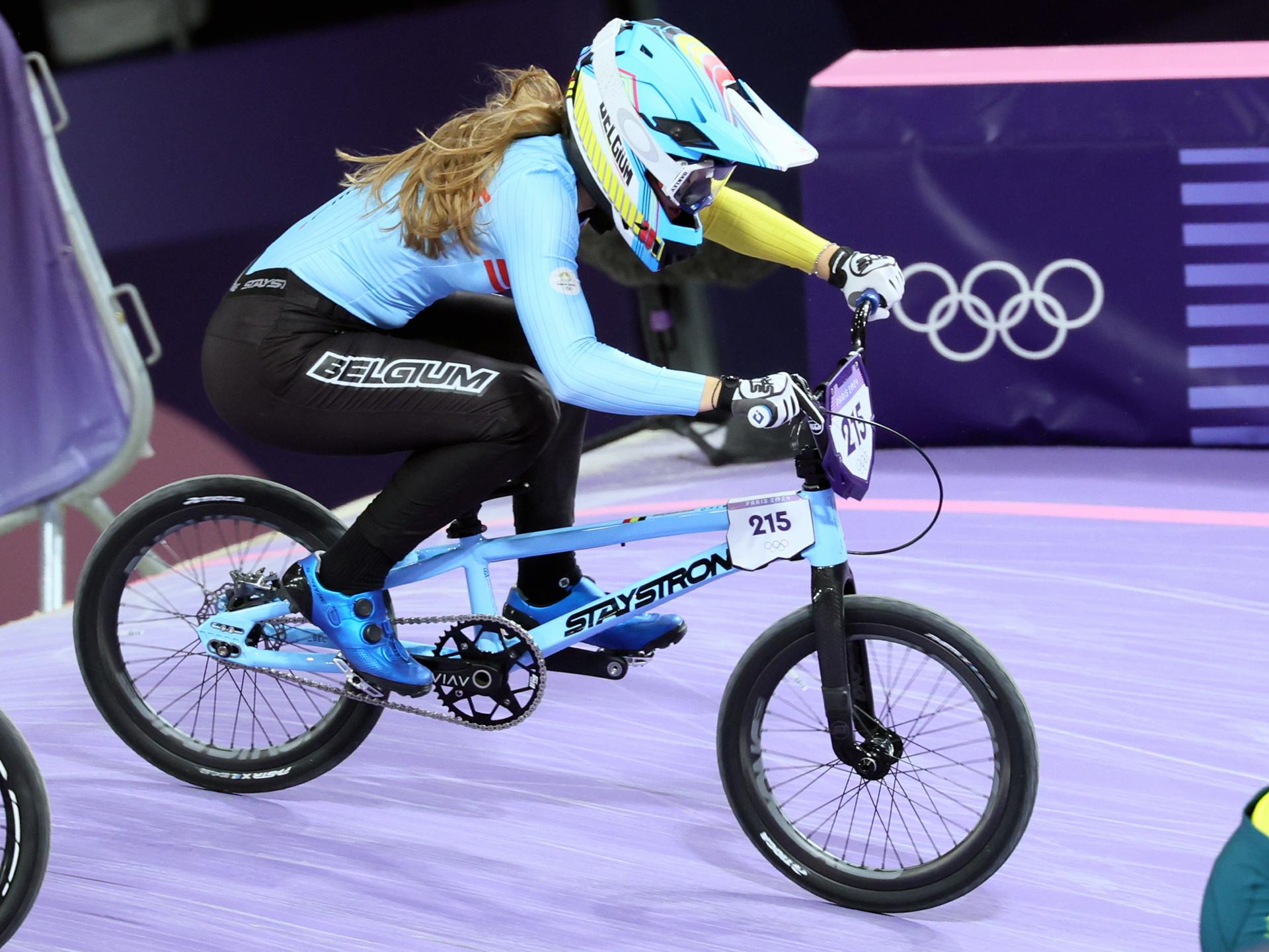 Belgian BMX'er Aiko Gommers pictured in action during the quarterfinals of the women's BMX competition at the Paris 2024 Olympic Games, on Thursday 01 August 2024 in Paris, France. The Games of the XXXIII Olympiad are taking place in Paris from 26 July to 11 August. The Belgian delegation counts 165 athletes competing in 21 sports. BELGA PHOTO BENOIT DOPPAGNE