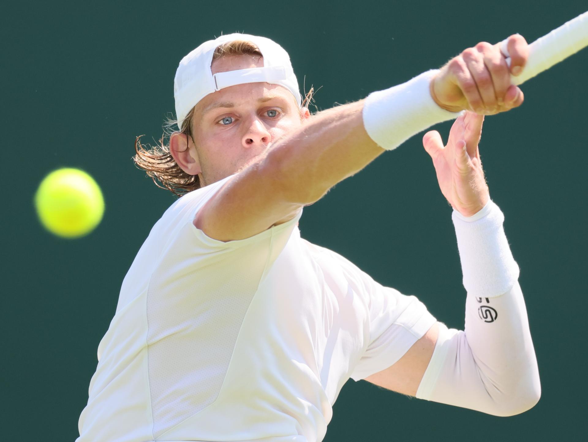 Belgian Zizou Bergs pictured in action during a tennis match against South African Harris, in the first round of the men's singles at the 2025 Wimbledon grand slam tournament, Monday 30 June 2025 at the All England Tennis Club, in South-West London, Britain. BELGA PHOTO BENOIT DOPPAGNE