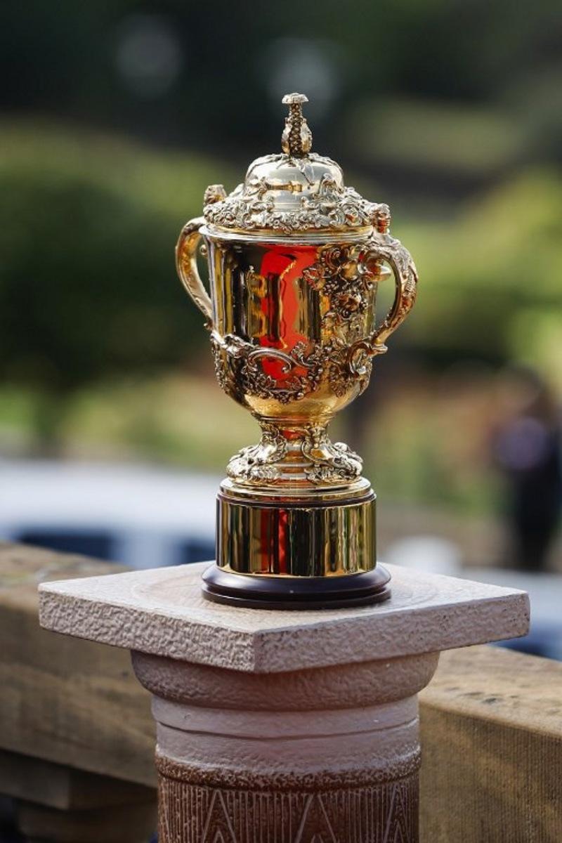 A general view of the Web Ellis Cup during a welcome ceremony at the Union Buildings in Pretoria on November 2, 2023, after South Africa won the France 2023 Rugby World Cup final match against New Zealand.  PHILL MAGAKOE / AFP