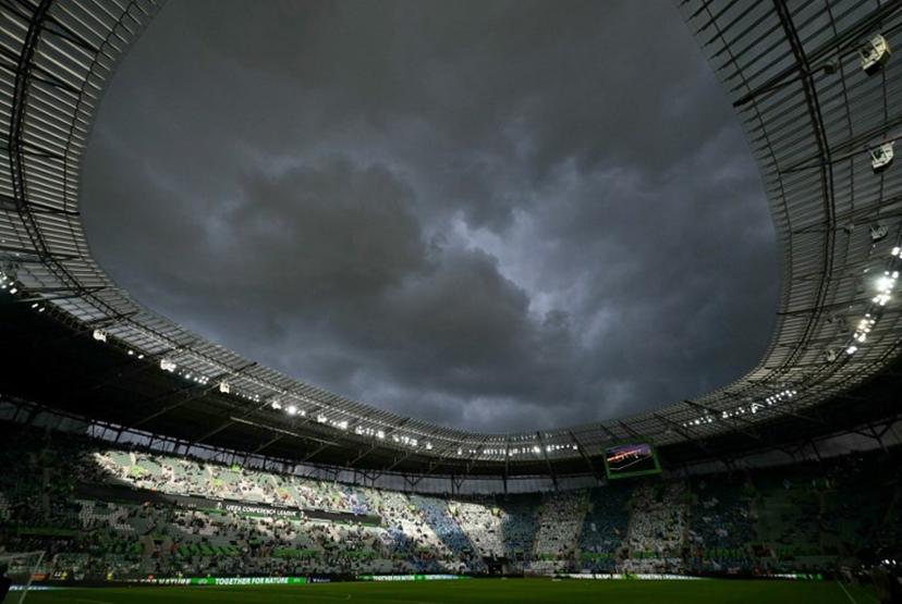 Clouds are seen above the stadium in Wroclaw, Poland on May 28, 2025, ahead of the UEFA Conference League final football match between Real Betis and Chelsea FC.   Sergei GAPON / AFP