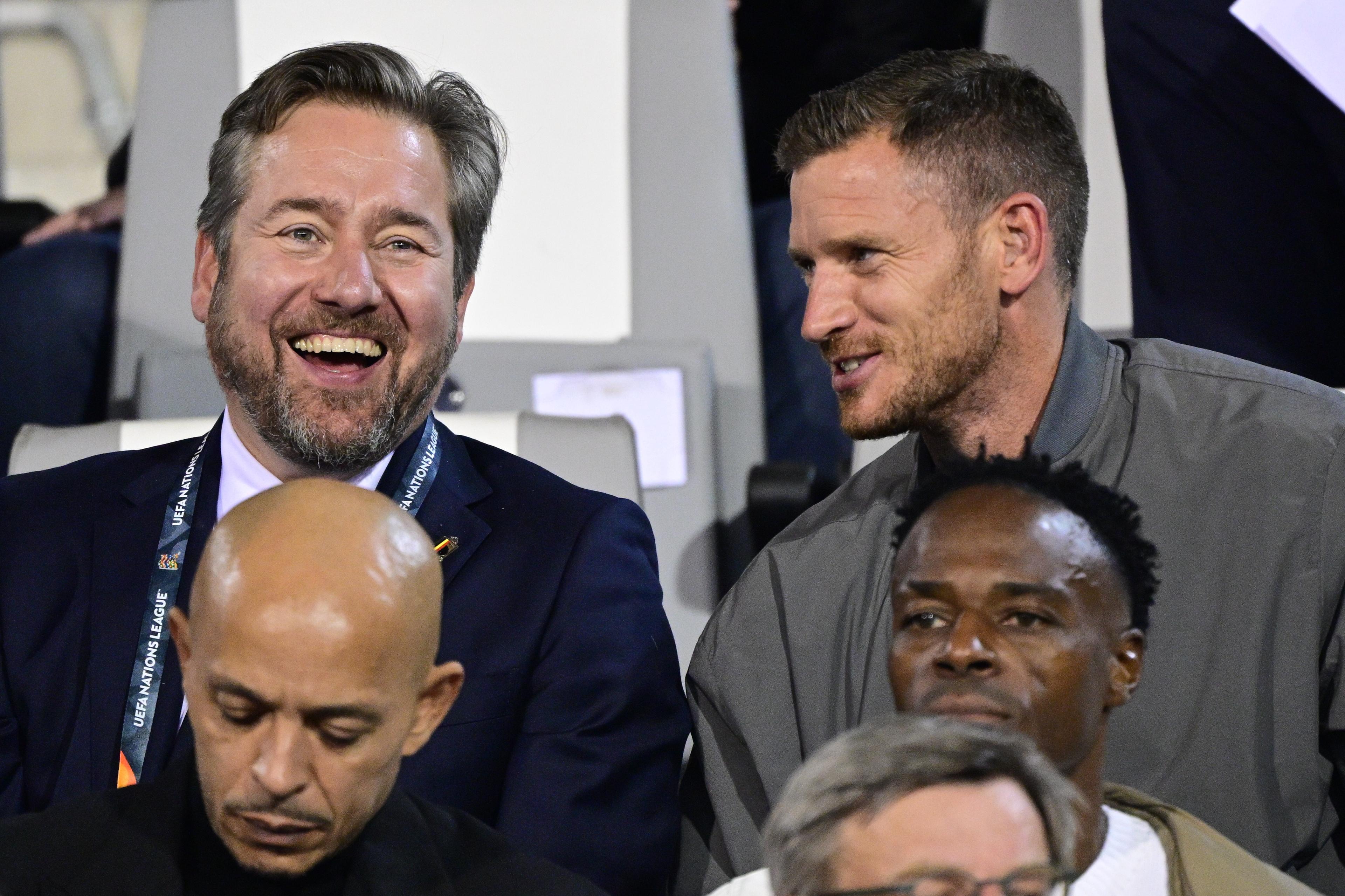 RBFA sports director Vincent Mannaert and former Red Devil Jan Vertonghen pictured during a soccer game between Belgian national team Red Devils and France, on Monday 28 September 2026  in Brussels, the second game of the UEFA Nations League group stage. BELGA PHOTO DIRK WAEM