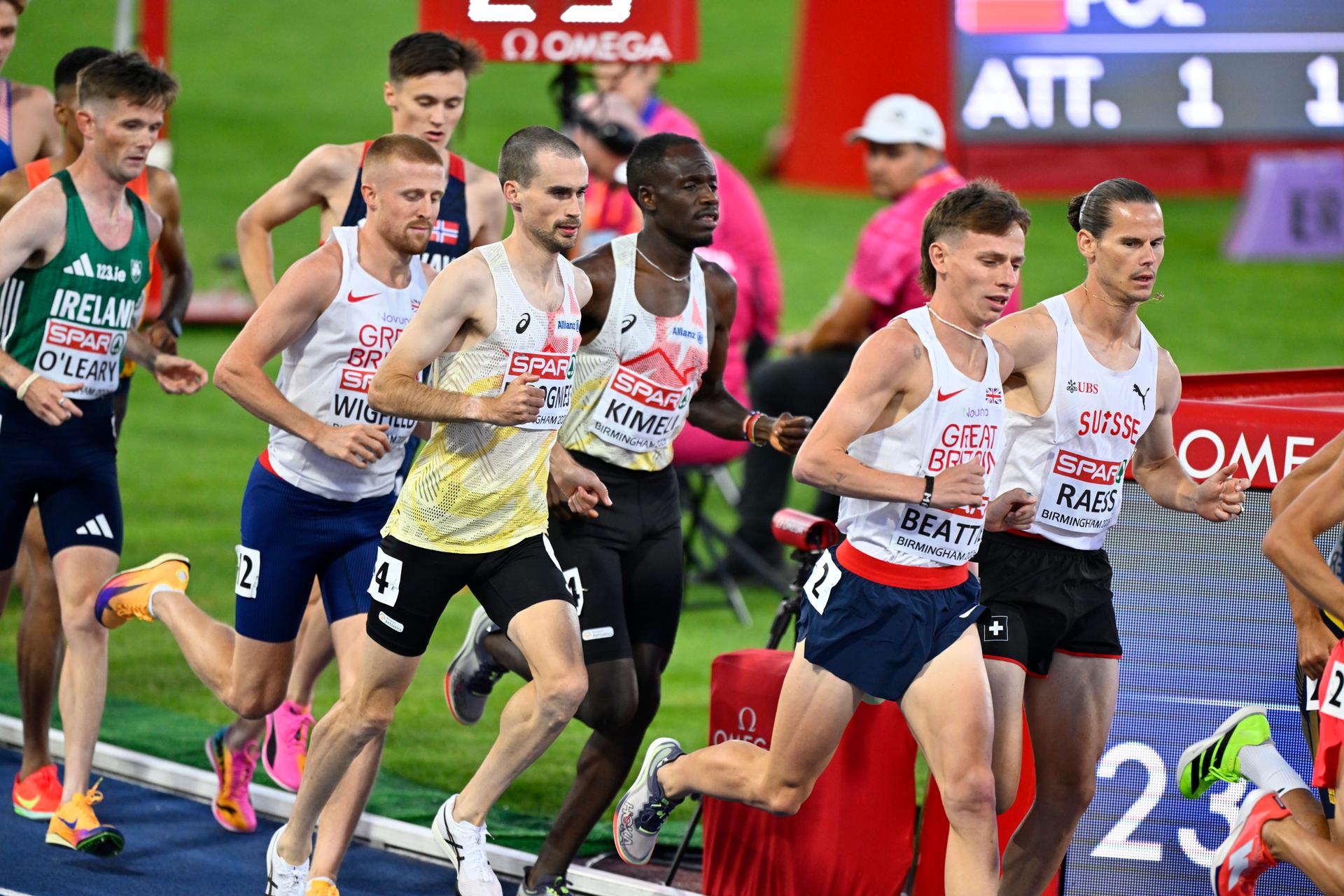 Belgian Simon Debognies and Isaac Kimeli pictured in action during the men's 10000m race on the sixth day of the European Athletics Championships (August 10-18) in Birmingham, United Kingdom, on Saturday 15 August 2026. BELGA PHOTO ERIC LALMAND