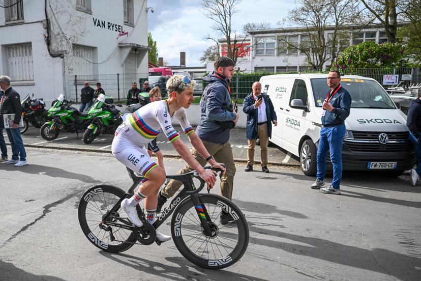 Slovenian Tadej Pogacar of UAE Team Emirates-XRG pictured after the men's Paris-Roubaix cycling race, Sunday 12 April 2026, around Roubaix, France. The 123rd edition of Paris-Roubaix cycling races will take on Sunday, with the women riding 143,1 km the men riding 258,3 km on Sunday. BELGA PHOTO POOL ETIENNE GARNIER