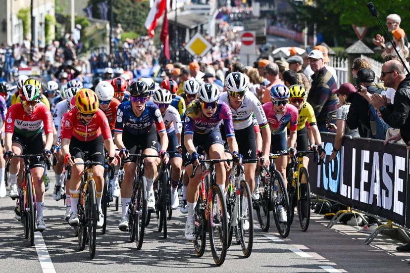 Dutch Demi Vollering of FDJ-Suez, Dutch Mischa Bredewold of SD Worx-Protime and Belgian Lotte Kopecky of SD Worx-Protime pictured in action during the women elite 'Amstel Gold Race' one day cycling race, 157,4 km from Maastricht to Valkenburg, The Netherlands, Sunday 20 April 2025. BELGA POOL LUC CLAESSEN