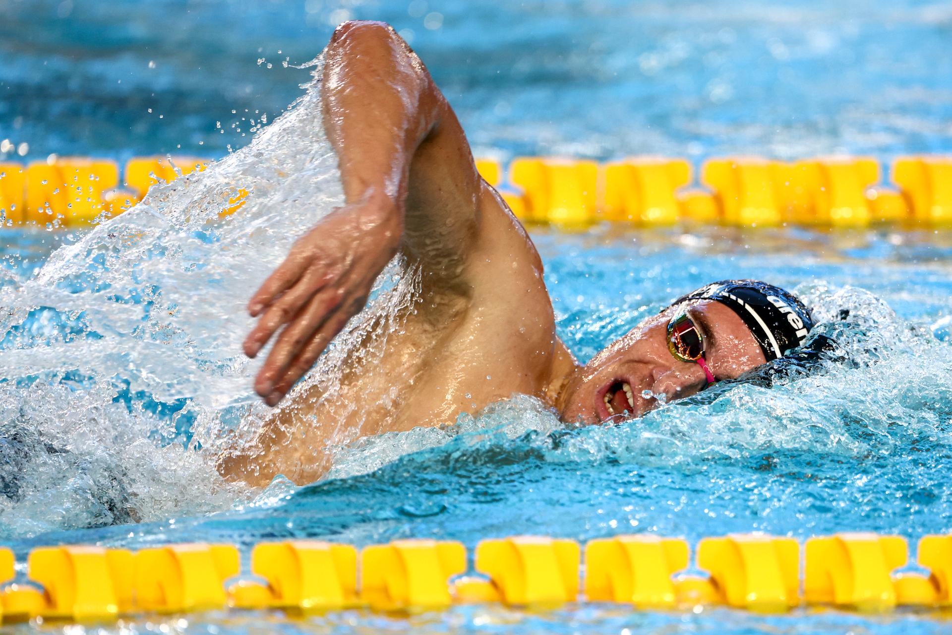 Belgian Lucas Henveaux pictured in action during the men's 800m freestyle at the European Aquatics Short Course Swimming Championships in Lublin, Poland, on Friday 05 December 2025. BELGA PHOTO NIKOLA KRSTIC