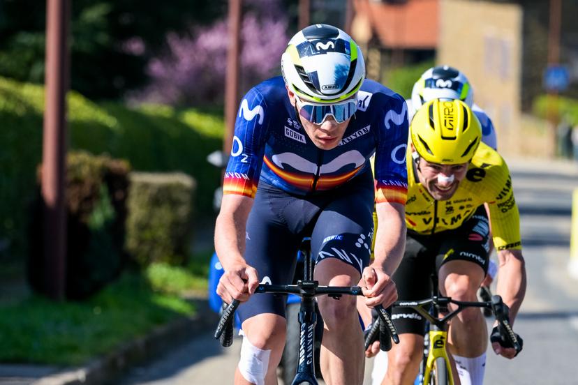 Spanish Ivan Romeo Abad of Movistar Team and Belgian Victor Campenaerts of Team Visma-Lease a Bike pictured in action during the fifth stage of 84th edition of the Paris-Nice cycling race, a race from Cormoranche-sur-Saone to Colombier-le-Vieux (205,4km), on Thursday 12 March 2026. BELGA PHOTO DAVID PINTENS